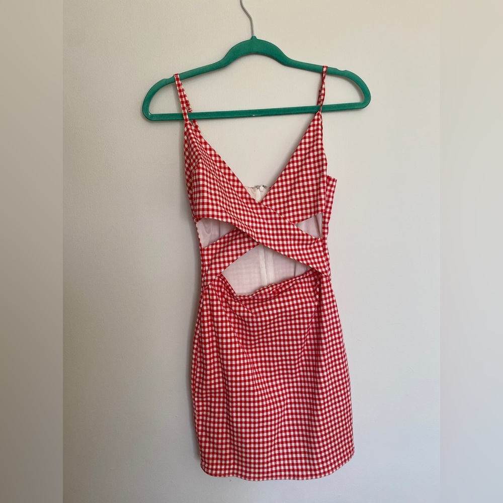 Red and white gingham body con dress